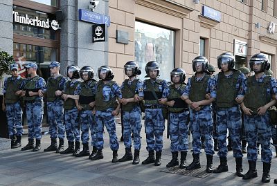 Police block a street during an unsanctioned rally in the center of Moscow, Russia, on July 27, 2019.