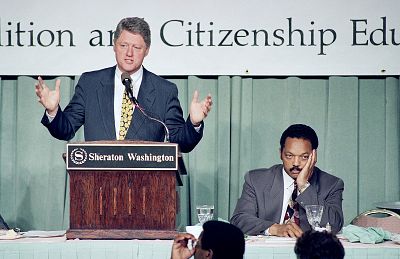 Bill Clinton speaks at the "Rebuild America" conference held by Jesse Jackson\'s Rainbow Coalition in Washington in 1992. Clinton sought the support of black voters and urban leaders, promising a plan to rebuild American cities.