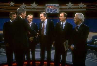 Democratic presidential candidates Bob Kerrey, Bill Clinton, Paul Tsongas, Tom Harkin, Jerry Brown and Douglas Wilder before a debate in 1991.