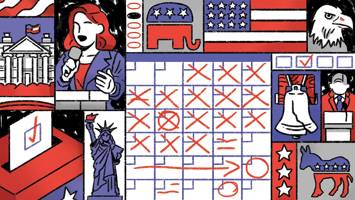 Illustration of a calendar with different political motifs in the panels su