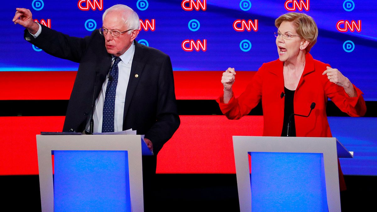 Image: Senators Sanders and Warren speak on the first night of the second 2
