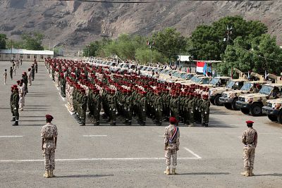 Newly recruited troopers take part in a graduation parade in Aden, Yemen, on Thursday.