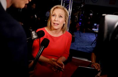 Sen. Kirsten Gillibrand, D-NY, speaks to the press after a Democratic presidential primary debate in Detroit on July 31, 2019.