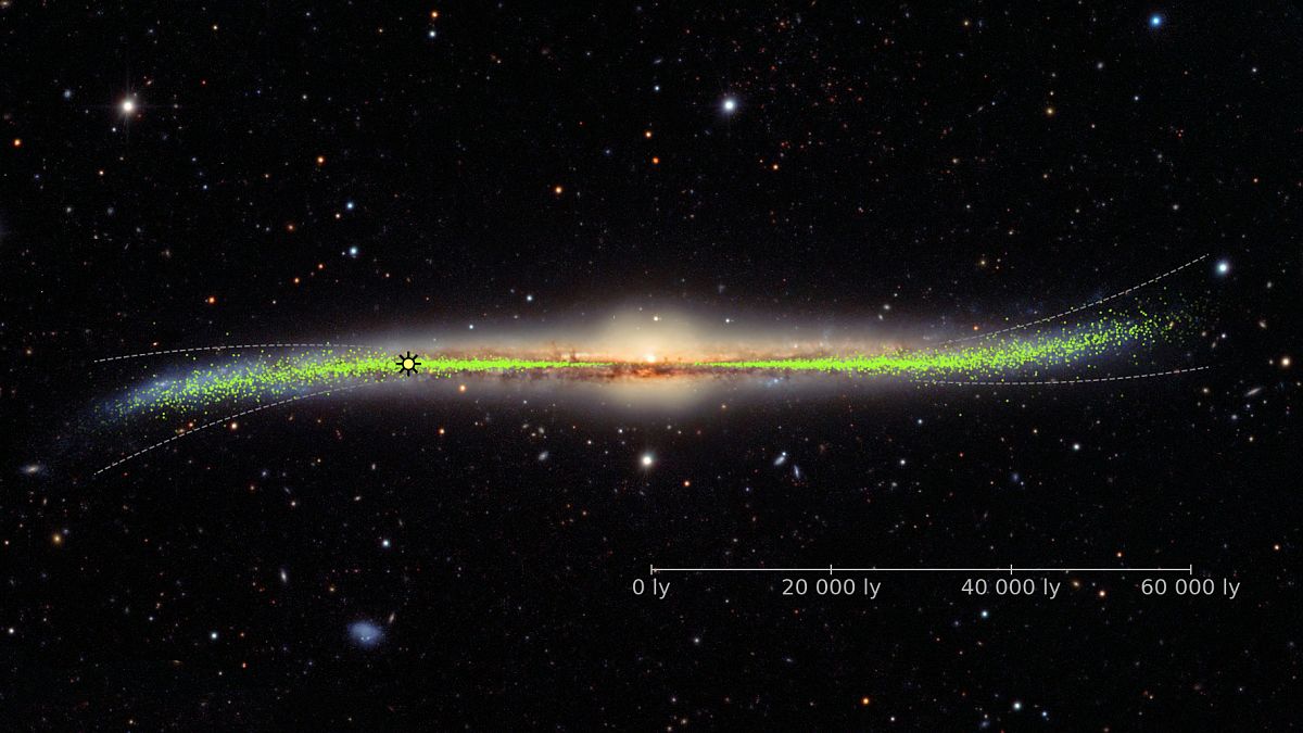 Warped galaxy with the distribution of the young stars (Cepheids) in the di