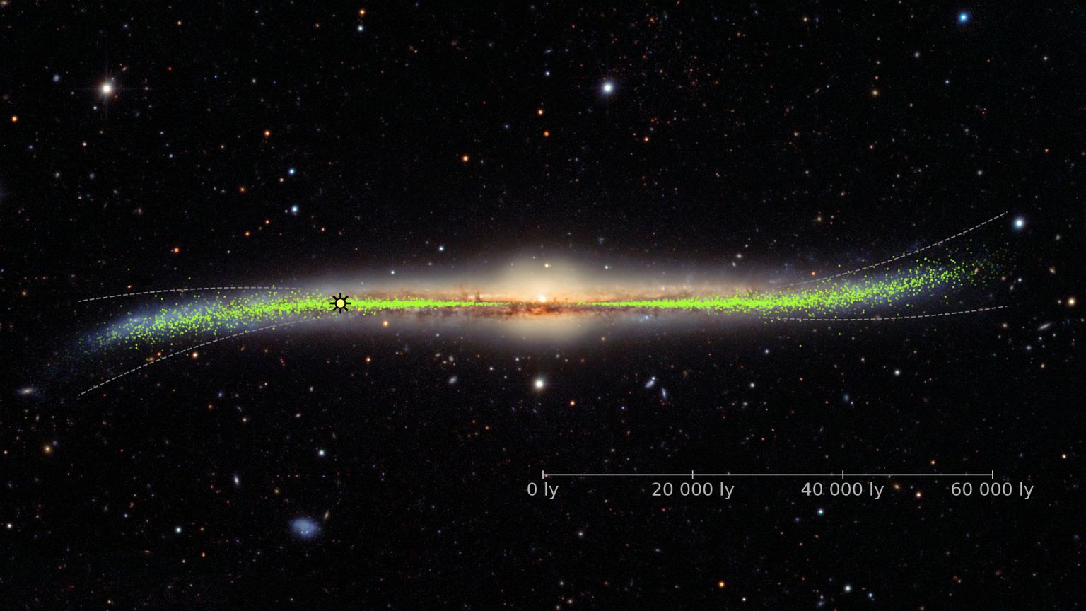 Warped galaxy with the distribution of the young stars (Cepheids) in the di