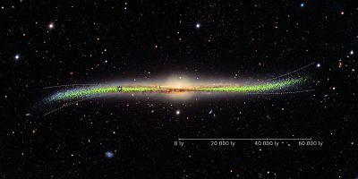 Warped galaxy with the distribution of the young stars (Cepheids) in the disk.