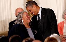Image: Toni Morrison smiles with President Barack Obama during a Medal of F