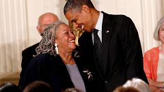 Image: Toni Morrison smiles with President Barack Obama during a Medal of F