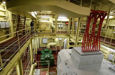 The floating nuclear power plant Akademik Lomonosov sets off on a 4,000-mile journey along the Northern Sea Route to Chukotka in Murmansk, Russia on Friday.