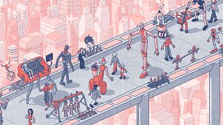Illustration of robots and human walking together in a futuristic city.