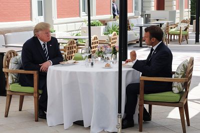 President Donald Trump has lunch with French President Emmanuel Macron at the Hotel du Palais in Biarritz on Saturday.