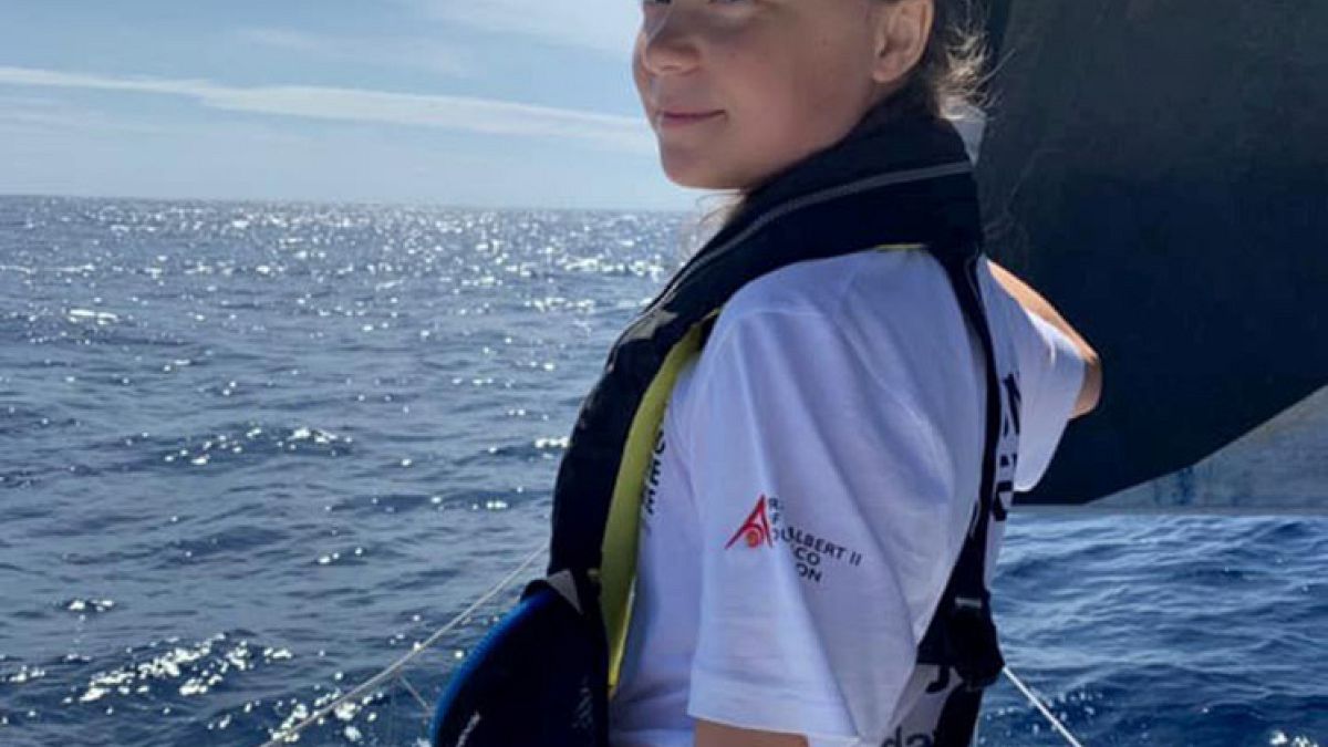 Image: Swedish 16-year-old activist Greta Thunberg stands on the bow of the