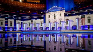 Image: The stage before the first Democratic presidential primary debate ho
