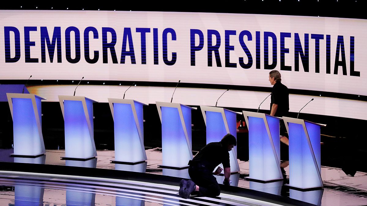 Image: Crews prepare the stage for the second Democratic 2020 U.S. presiden