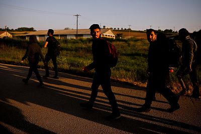 A group of Syrian refugees who crossed the Evros river — the natural border between Greece and Turkey — walk towards the city of Didymoteicho, Greece.