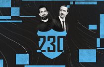 Illustration of Jack Dorsey and Mark Zuckerberg hiding behind a shield with