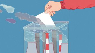 Illustration of hand casting ballot in a ballot box with smoke stacks insid