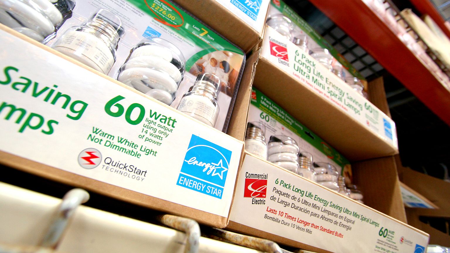 Rows of energy-efficient compact fluorescent light bulbs, marked with the b