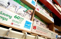 Rows of energy-efficient compact fluorescent light bulbs, marked with the b