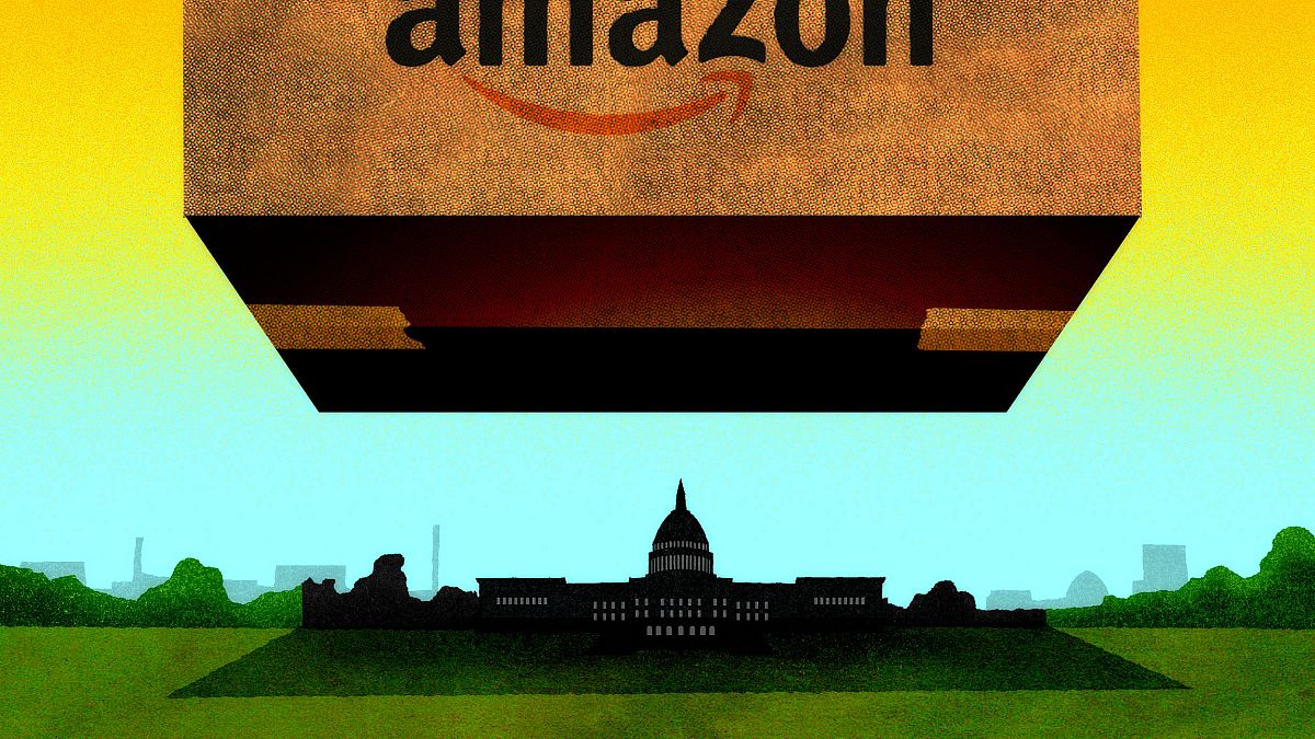 Illustration of a huge Amazon box hovering over Washington D.C.