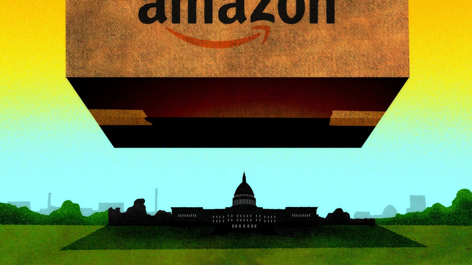 Illustration of a huge Amazon box hovering over Washington D.C.