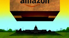 Illustration of a huge Amazon box hovering over Washington D.C.