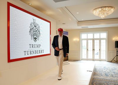 Presidential candidate Donald Trump answers questions from the media at a press conference during a visit to his Scottish golf course Turnberry on July 20, 2015.