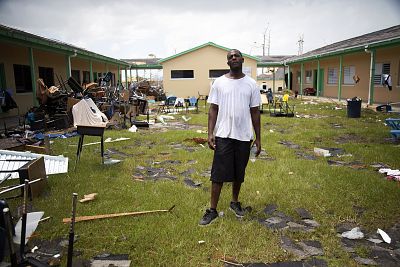 Charvis McPhee at the makeshift shelter at the Central Abaco Primary School, one of the few buildings left standing on the island, on Sept. 8, 2019.
