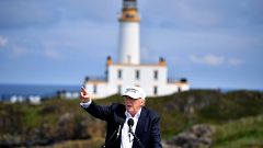 Image: Donald Trump speaks at Trump Turnberry Resort in Scotland on June 24