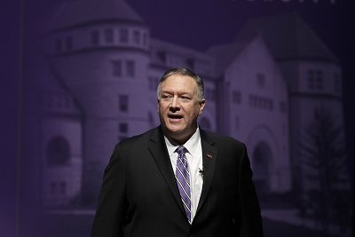 Secretary of State Mike Pompeo answers a question from an audience member after giving a speech at the London Lecture series at Kansas State University, in Manhattan, Kan. on Sept. 6, 2019.