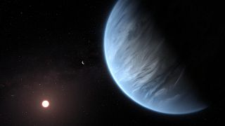 This artist's impression shows the planet K2-18b, its host star and an acco