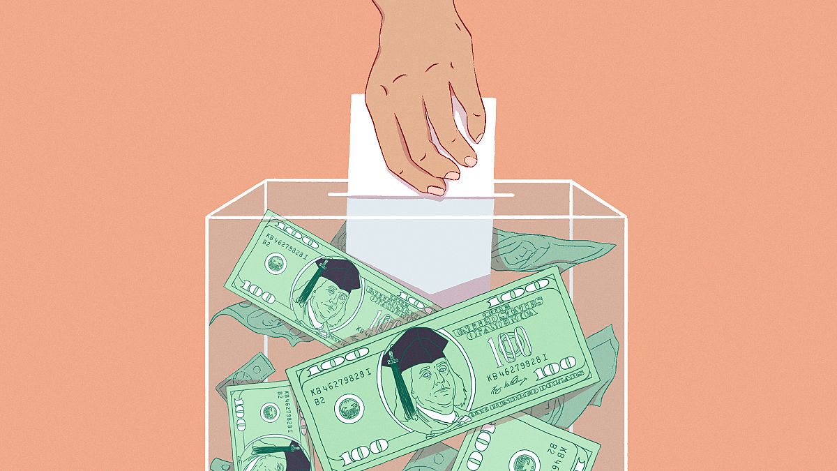 Illustration of hand casting ballot inside of ballot box full of 100 dollar