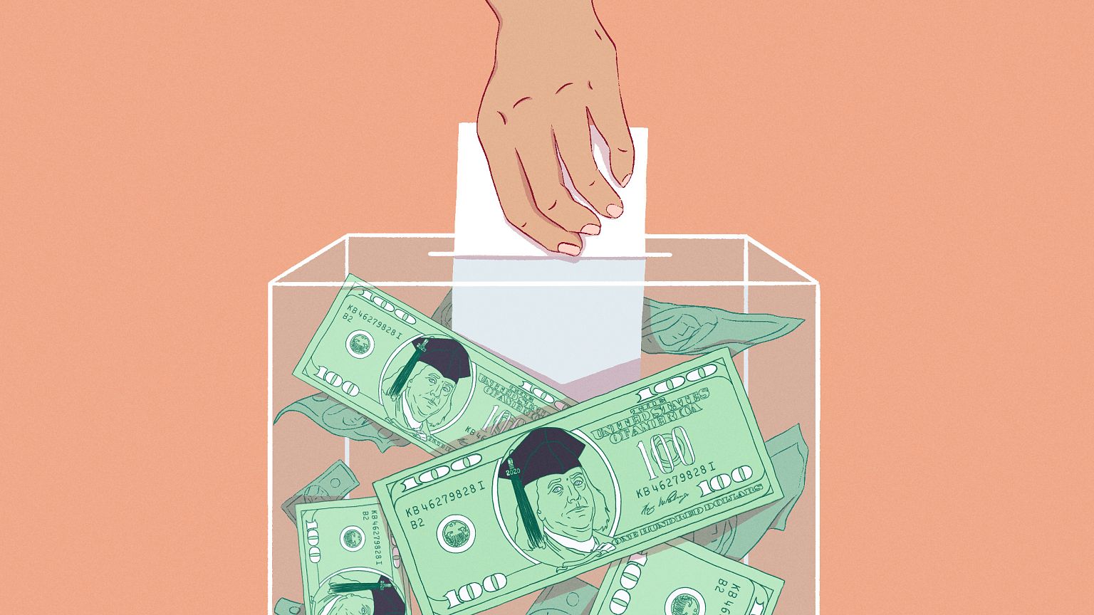 Illustration of hand casting ballot inside of ballot box full of 100 dollar