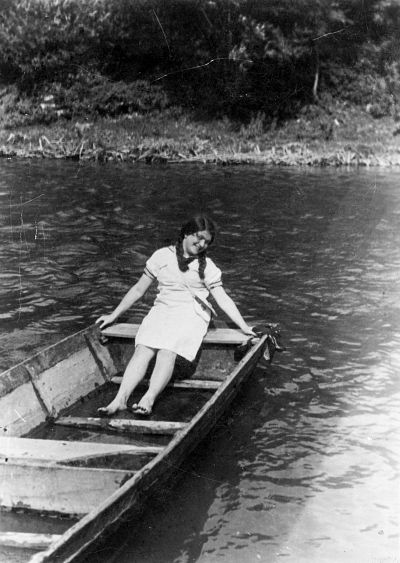 Renia Spiegel in a boat in the Dniester River in Zaleszczyki, in present day Ukraine, approximately 1936.