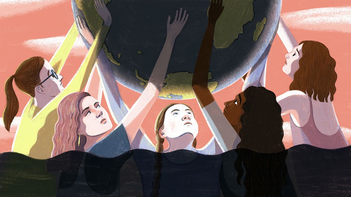 Illustration of young climate activists holding up the earth while waters r