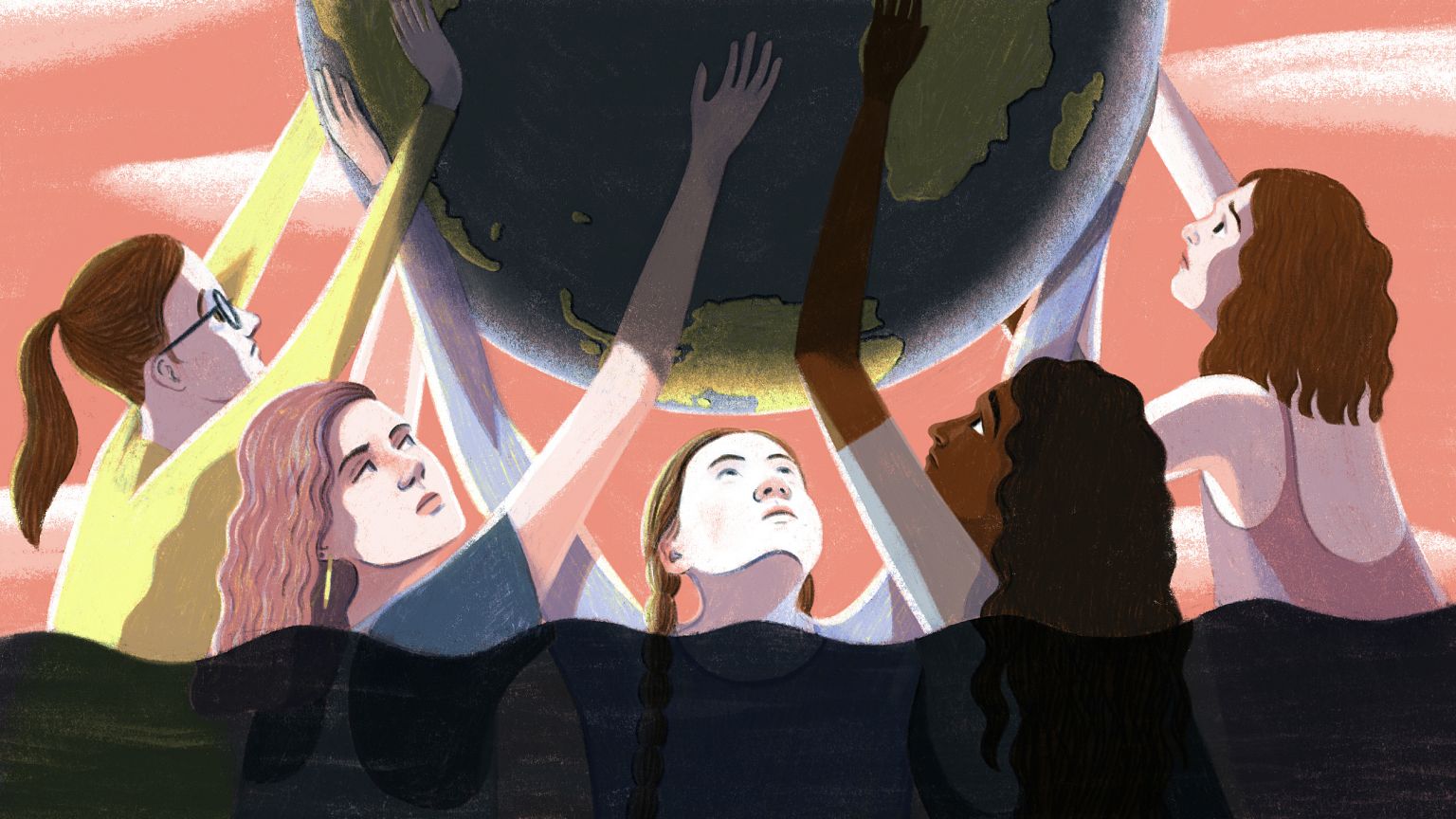 Illustration of young climate activists holding up the earth while waters r