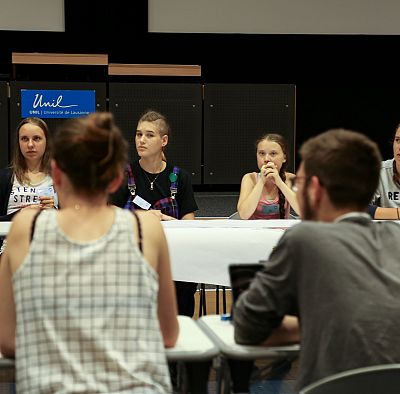 Isabelle Axelsson (center) and Greta Thunberg (right) both from Sweden meet with their European peers to discuss the demands of the Fridays For Future climate march.