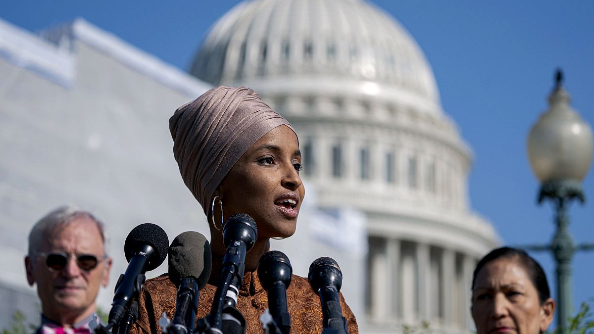 Image: Rep. Ilhan Omar, D-Minn., speaks outside of the Capitol on July 25, 