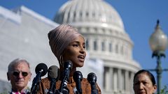 Image: Rep. Ilhan Omar, D-Minn., speaks outside of the Capitol on July 25, 
