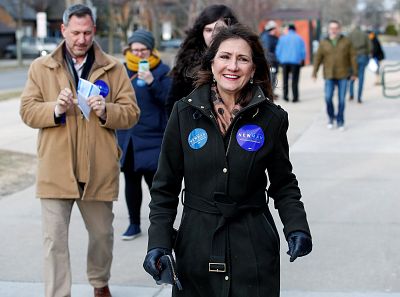 Illinois\' 3rd Congressional District candidate for Congress, Marie Newman, arrives to vote in the Democratic Party\'s congressional primary election at the Lyons Township in La Grange, Illinois on March 20, 2018.