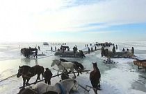 Gefrorener Chagan-See: Eisfischen bei heftigen Minusgraden