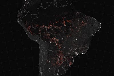 A NASA Earth Observatory map shows active fire detections in South America as observed by satellites between Aug. 15-22.