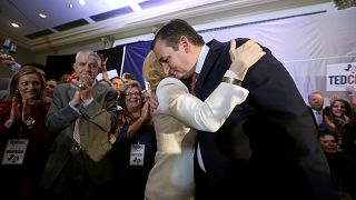 Image: Republican U.S. Senator Cruz embraced by wife Heidi at his midterm e