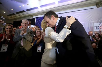 Republican U.S. Senator Ted Cruz is embraced by his wife Heidi at his midterm election night party in Houston,  on  Nov. 6, 2018.
