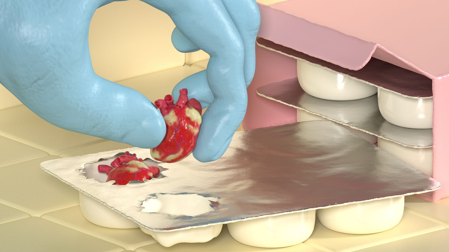 Illustration of hand removing a tiny heart from blister packaging.