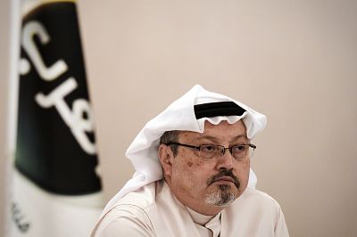 Jamal Khashoggi at a press conference in the Bahraini capital, Manama.