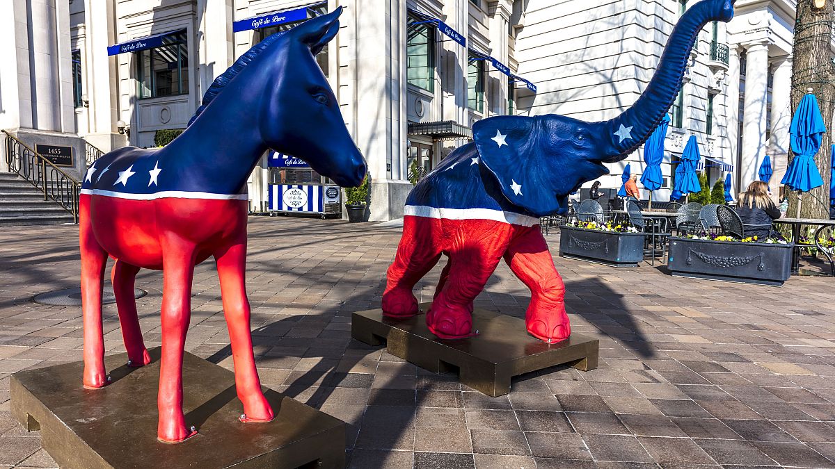 WASHINGTON DC, Democratic Mule and Republican Elephant statues symbolize Am