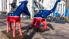 WASHINGTON DC, Democratic Mule and Republican Elephant statues symbolize Am