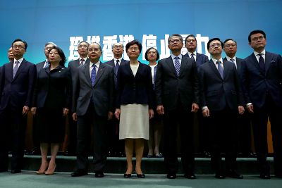 Hong Kong Chief Executive Carrie Lam attends a news conference to discuss sweeping emergency laws at government office in Hong Kong on Friday.