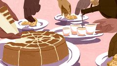 Illustration of tea being poured into teacups, while people eat together.